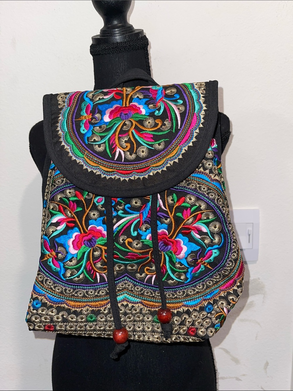 Embroidered Floral Black Drawstring Backpack